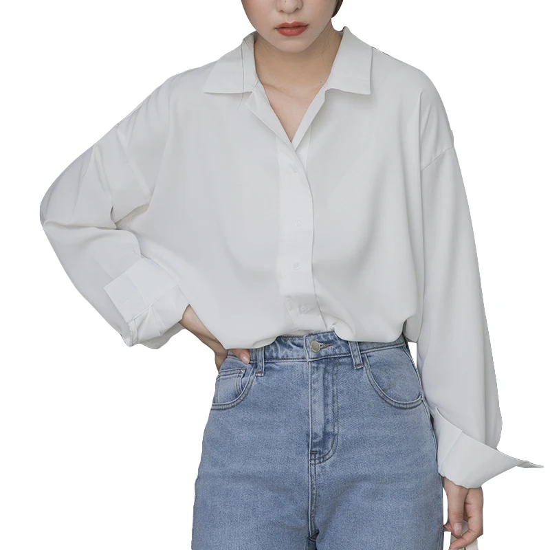 

Женская блузка с отложным воротником, элегантная белая рубашка с длинным рукавом, свободного покроя, топ на осень, B011, 2021