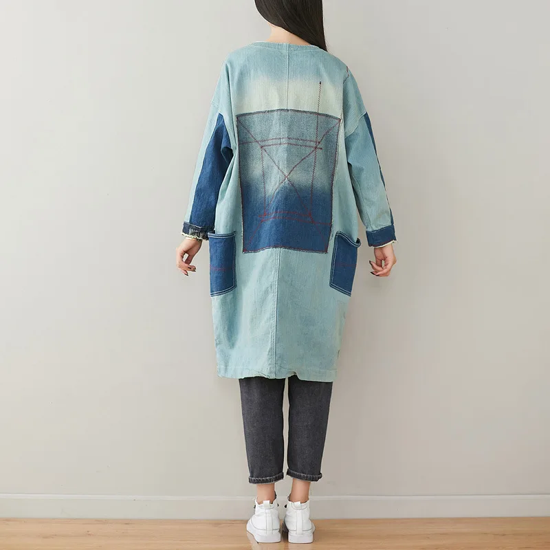 Женский джинсовый плащ в стиле пэтчворк верхняя одежда женское однобортное