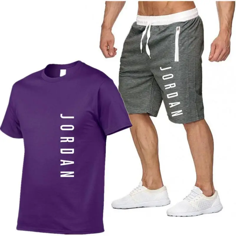 

2021Summer Men's T-Shirt Set 2-Piece Men's Sportswear Set Basketball Sports Fitness Summer Print Short Sleeve + Shorts Men's Set