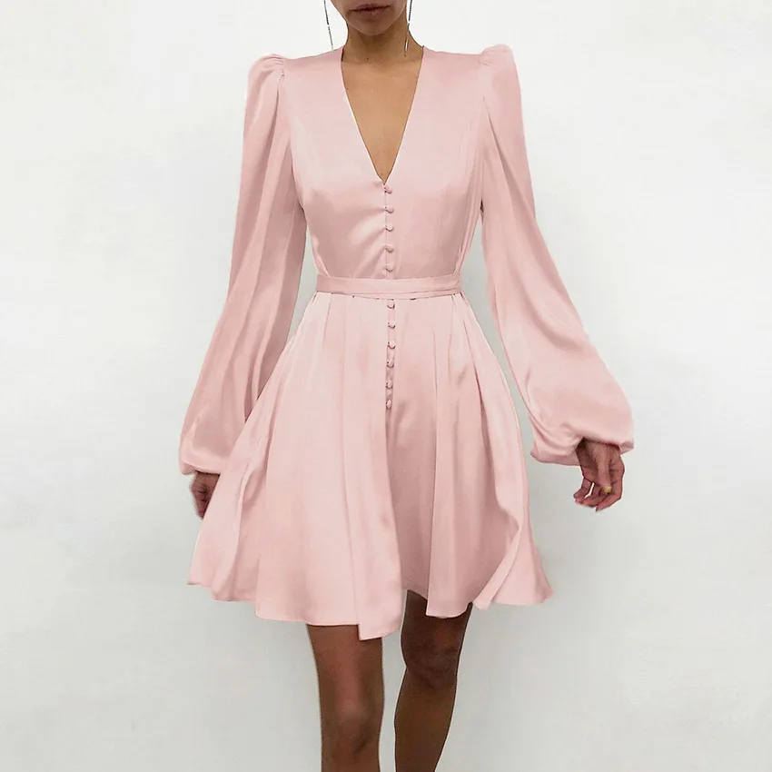 

OMCHION Vestidos 2021 Spring Satin Deep V-neck Lantern Sleeve Summer Dress Women Casual Loose Vintage Floral Party Dresses BT41