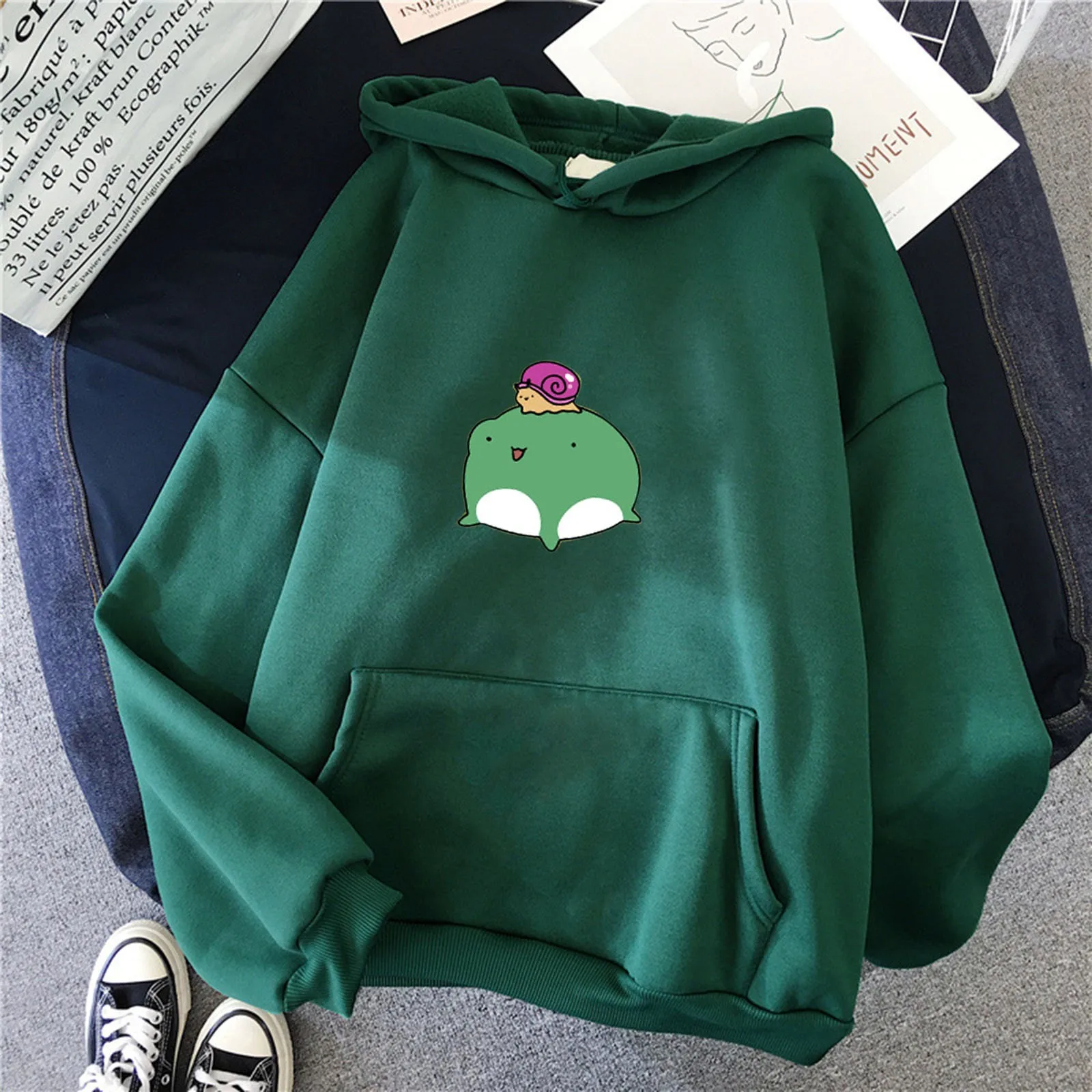 Korean Style 2021 Women Hooded Snails Printed with Pockets Sweatshirt Long Sleeve Casual Pullover Shirt Top Pullover
