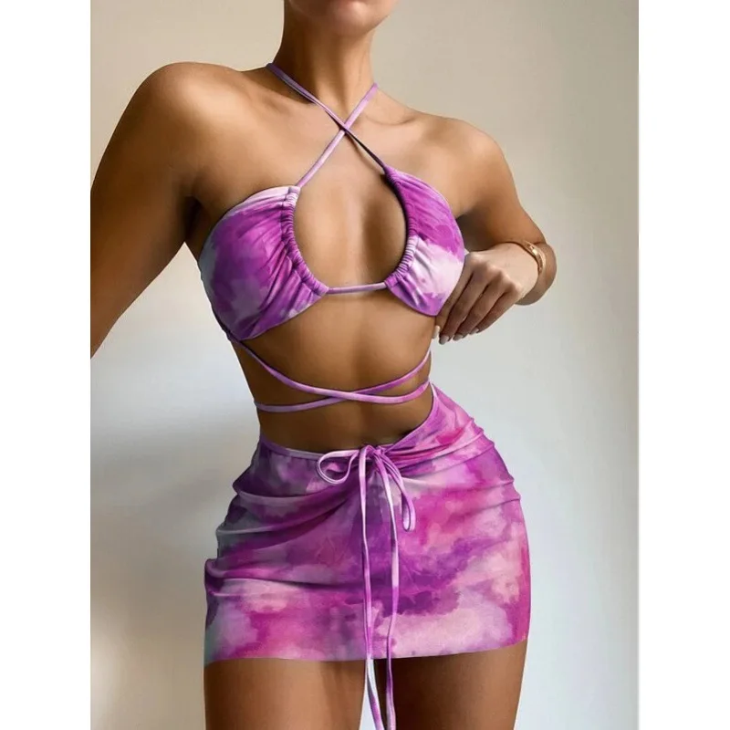 

Sexy Paisley Bikini Sets with Cover-up Skirt Swimwear 3 Piece Sets Women's Swimsuit 2022 Bathing Suit Halter Beachwear Bikinis