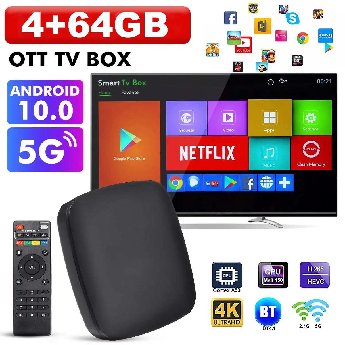 

4GB 64GB 2G 16G Android 10.0 TV BOX D9 TV Box 2.4G 5GWIFI 905 Core 4K 4D bluetooth TV receiver 1280P Fast Set Top Youtube Set