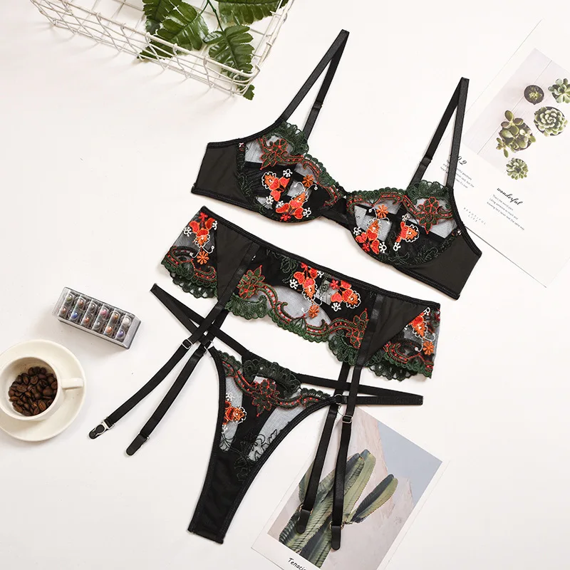Echonight Sexy Floral Underwear Set Lace Bra Lingerie Set Push up Embroidery Bra and Thong 3 Piece Set Transparent Lingerie