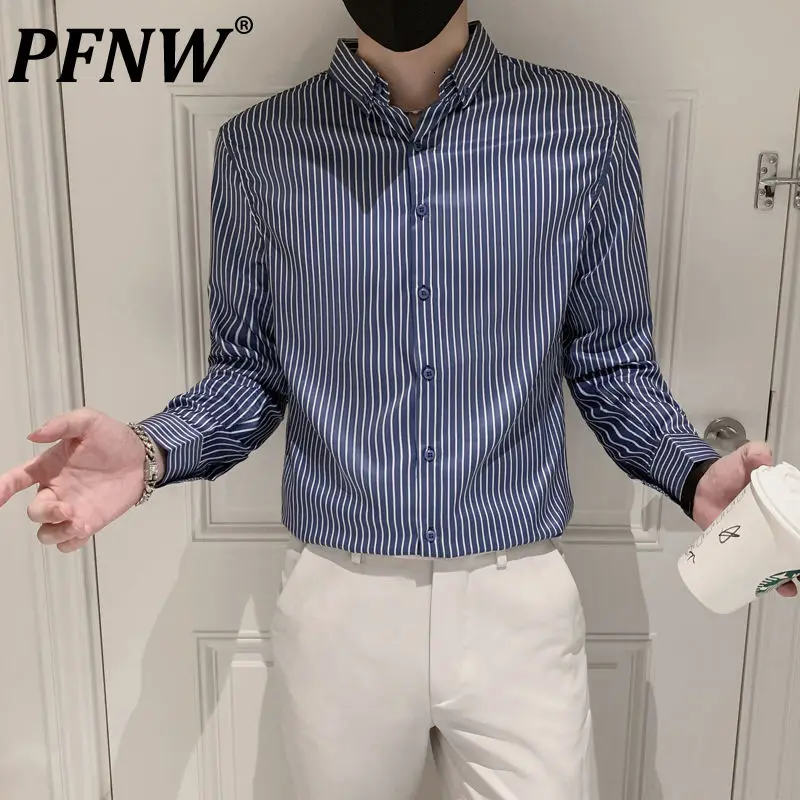 

Мужская деловая рубашка PFNW, Классическая рубашка в полоску, с длинным рукавом, не требует глажки, осень 2021