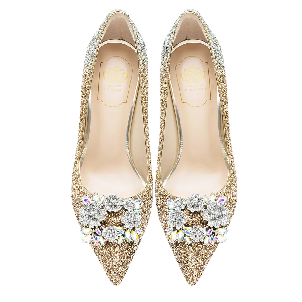 

Genuine Leather Pumps Women Shoes Silver Bling Sequins Rhinestone Great Quality Elegant High Heels Stiletto Wedding Evening