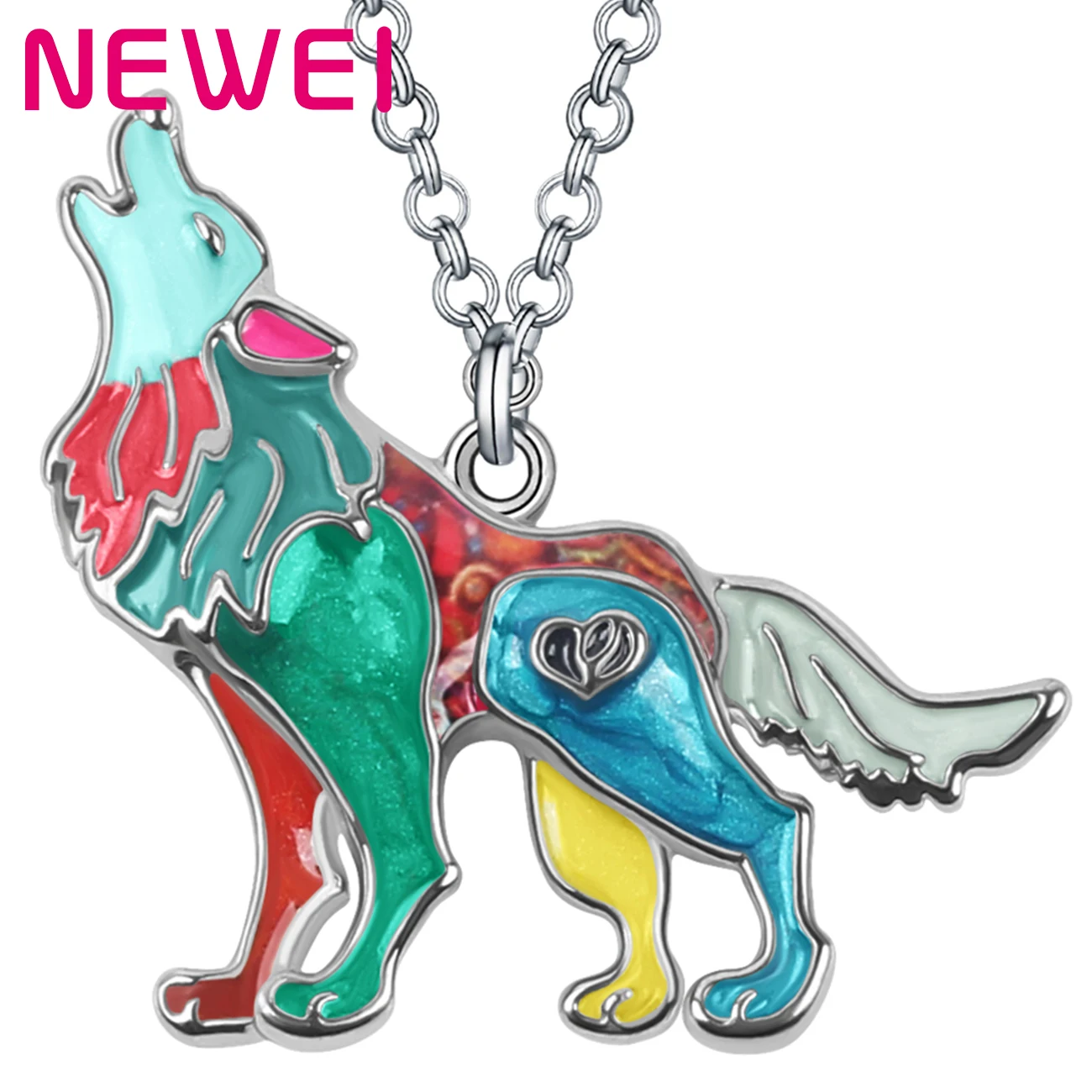 

NEWEI Enamel Alloy Mental Floral Wild Roaring Wolf Necklace Pendant Chain Fashion Animals Jewelry For Women Men Teens Charm Gift