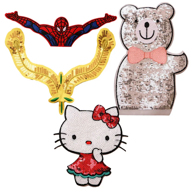 1 PCS Kitty superhero bear Cartoon Sequin icon Iron on Patch for Clothing DIY Stripes Clothes Patchwork Stickers Custom Badges | Дом и сад