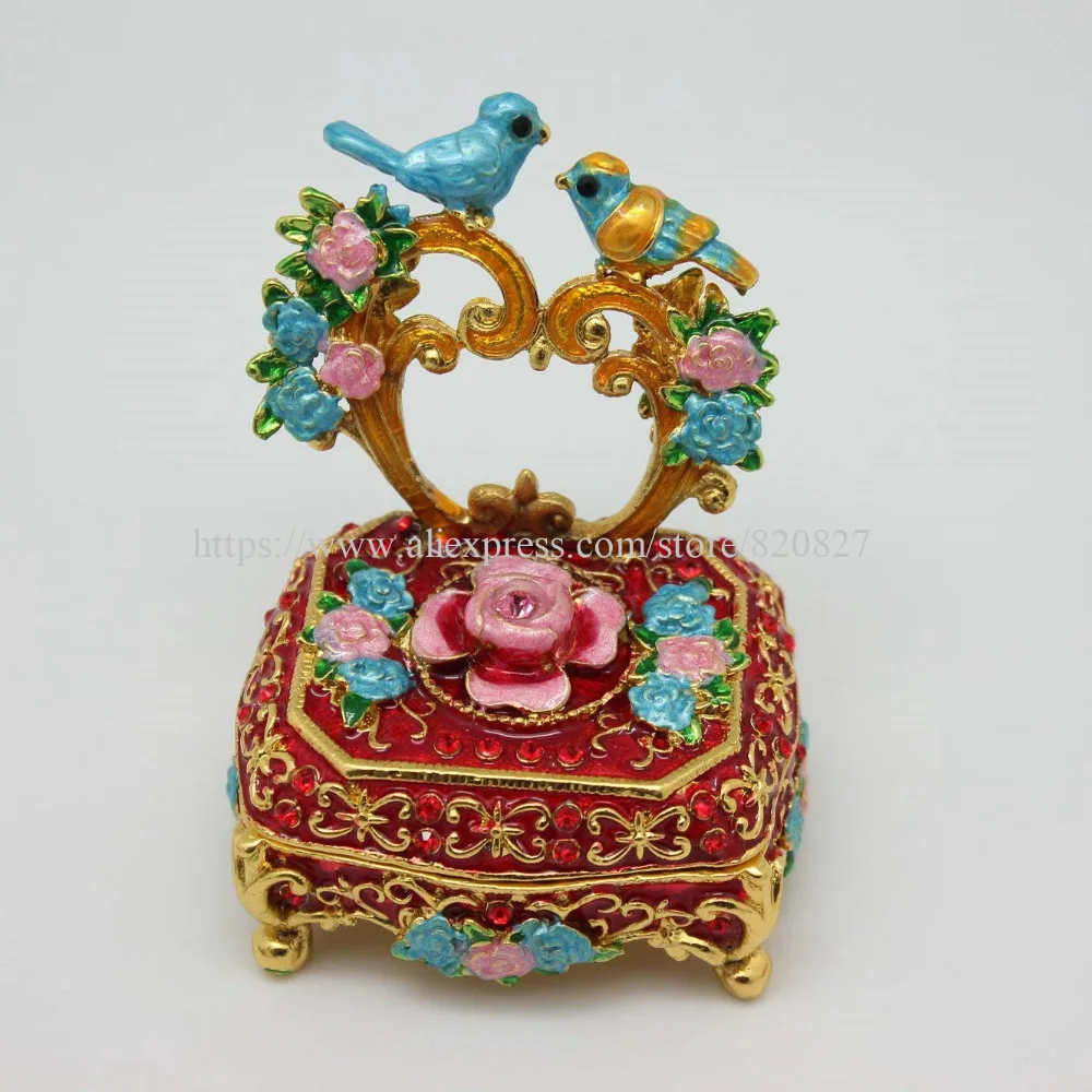 Винтажная ручная роспись Love Birds Faberge яйцо Горный Хрусталь Шкатулка для бижутерии двойные ювелирные изделия с изображениями птиц коробка