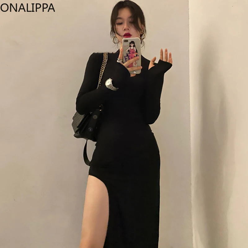 

Onalippa 2021 осенне-зимнее женское элегантное темпераментное приталенное платье с полувысоким воротником и длинным Боковым Разрезом