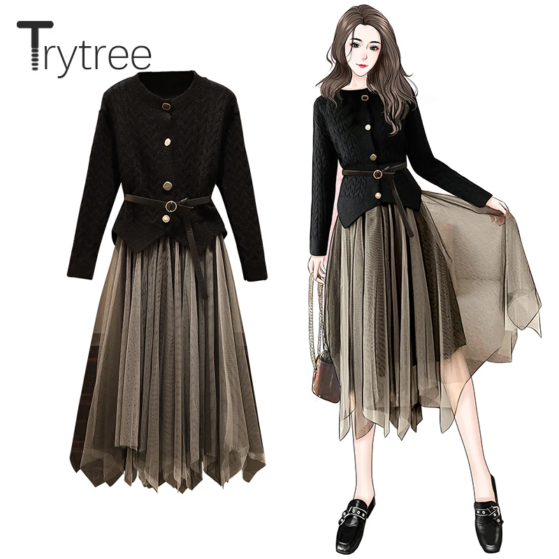 Trytree Autumn Winter Two piece set Casual O-neck Single Breasted Belt Top+ Skirt Elastic Waist Fashion Set 2 Piece Set