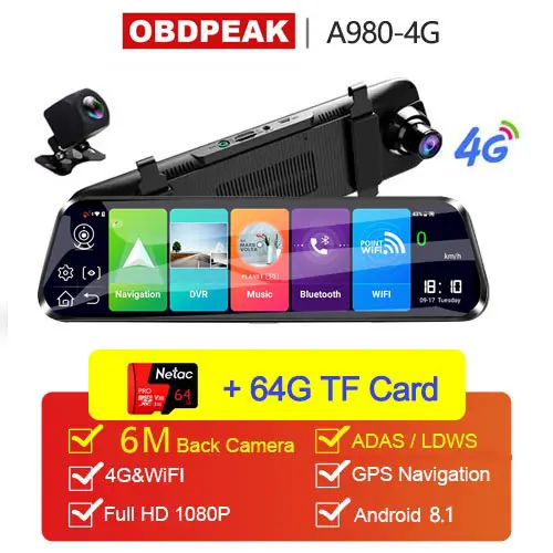 A980-64G Card Android 8,1 Автомобильный видеорегистратор Камера 4G ADAS 10 дюймов поток медиа зеркало заднего вида 1080P WiFi gps видеорегистратор регистратор видео dvr рекордер - Название цвета: A980-64G Card