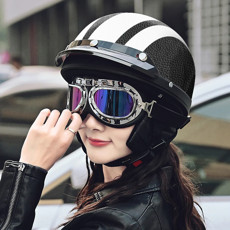 

Мотоциклетный шлем в стиле ретро для Harley, винтажный мотоциклетный шлем из натуральной кожи с очками для мужчин и женщин
