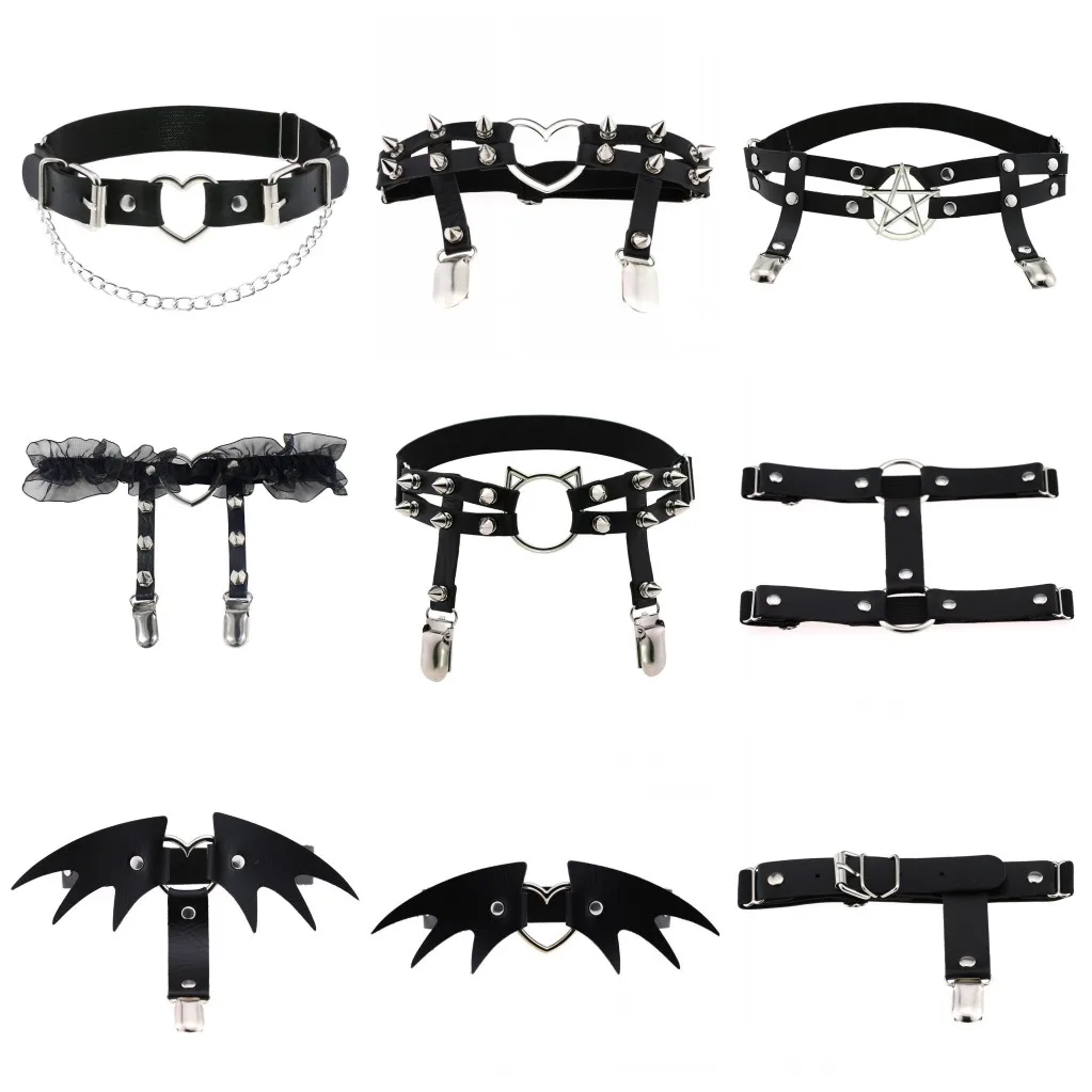 

New 15 styles Sexy Women Harness Elastic Leather Leg Ring Garter Belt Punk Heart Rivet Goth Harajuku Harness Stockings Garters