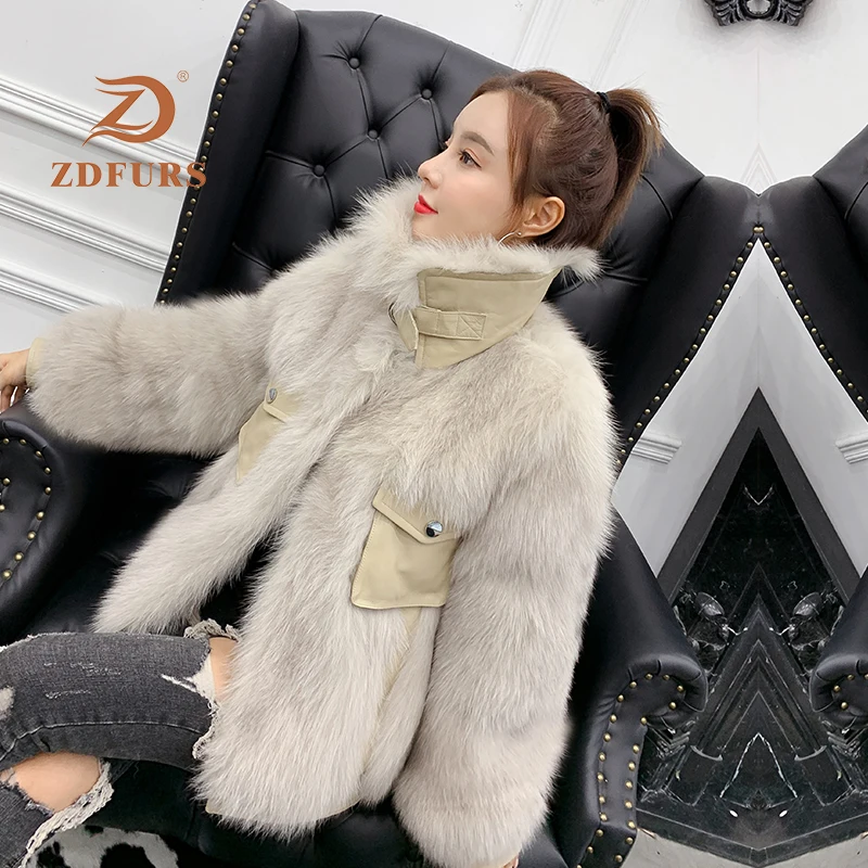 ZDFURS* Новое Женское пальто из лисьего меха на пуговицах стильная кожаная куртка зимняя женская мода jexxi высокое качество с лисьим воротником