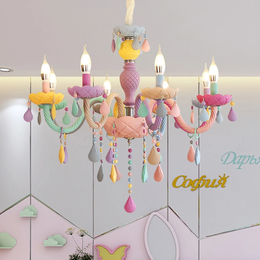 Modern Macaron Colorful Crystal Chandelier Rainbow Candle lustres American girl princess Children room Luminaire light fixtures