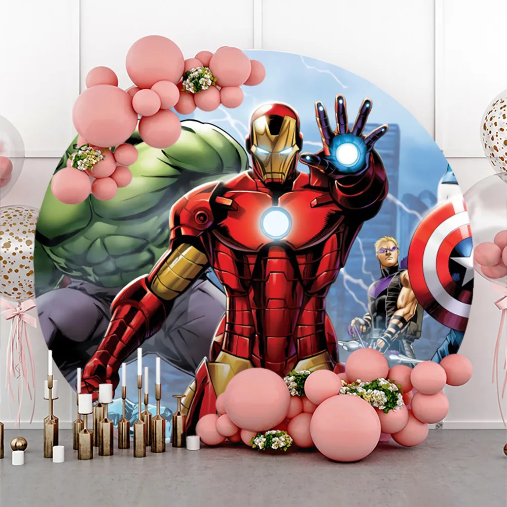 

Children's Birthday Decoration Marvel Superhero Round Shape Iron Man Party Backdrops Custom Background Wall Wedding Decorations