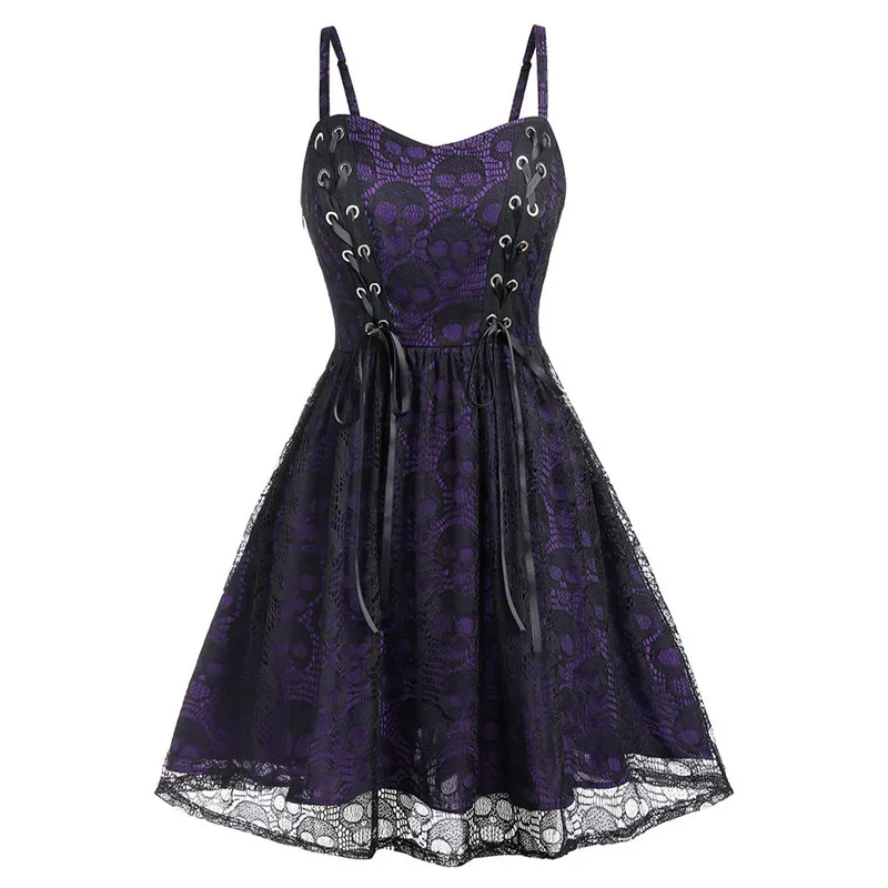 Purple Женское платье, большие размеры, новинка, кружевное Сетчатое платье на Хэллоуин, пэчворк, с принтом черепа, без рукавов, платье-майка, вечерние платья, Vestido 5 - Цвет: Purple