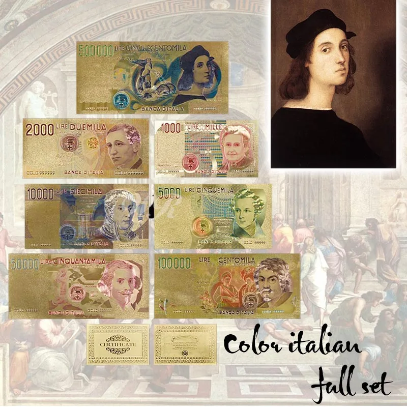 

Nice Colorful Italy Lira Banknote Set 7pcs Full Set Metal Gold Foil Banknote Italian Currency Souvenir For Decoration