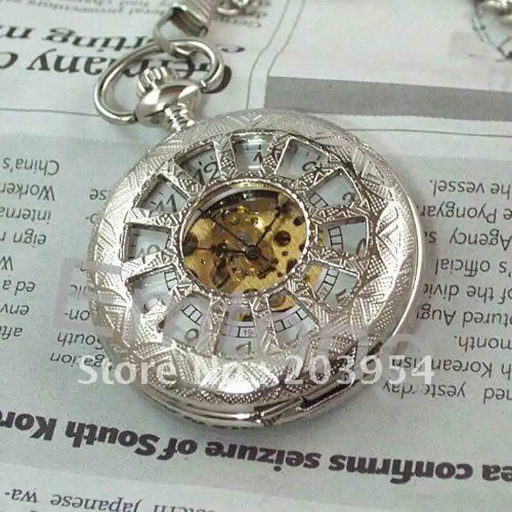 Механические карманные часы Серебристые скелетоны в стиле стимпанк с ручным