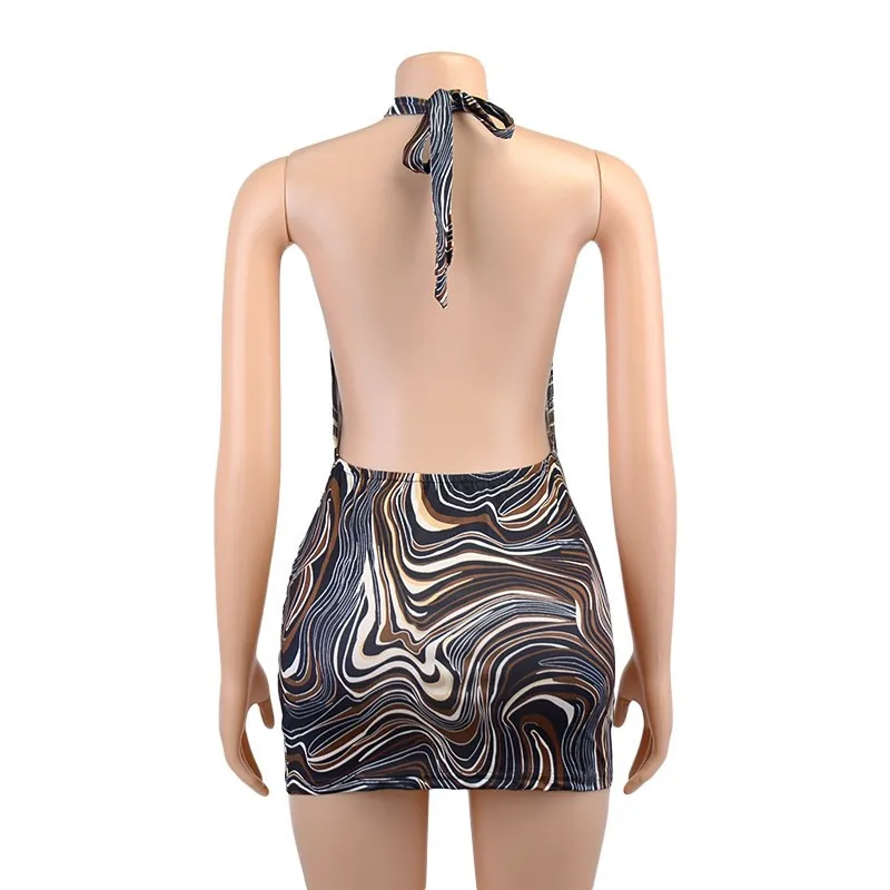 

Bikoles Summer New Sexy Sleeveless Halter Bodycon Package Hip Club Women's Mini Dress 2021 Stripe Print Backless Ladies Dresses