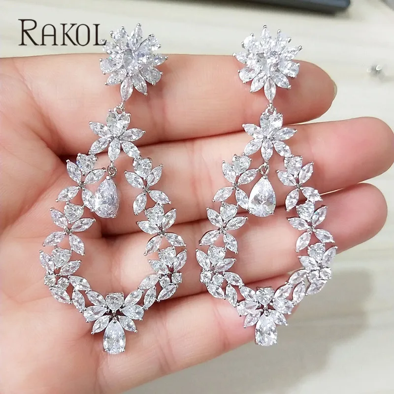 RAKOL Дубай Роскошные AAA кубический циркон длинный цветок висячие Большие размеры необычные серьги для женщин Свадебные ювелирные изделия