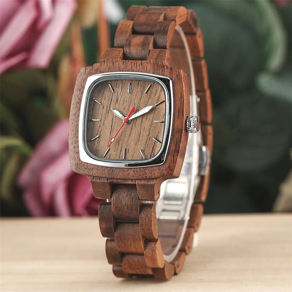 

Minimalist Square Dial Walnut Wood Lady Quartz Watch Trendy Wooden Bangle Women Watches Push Button Hidden Clasp Female Clock