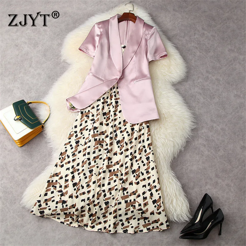 

Summer Designers Lady Office Party 2 Piece Set Outfit Women Elegant Short Sleeve Notched Blazer+Print Strap Dress Suit Vestidos