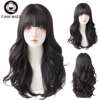 7jhhwigs light black long wave synthetic wigs for women with bangs daily wear wavy hair christmas party heat resistant wig