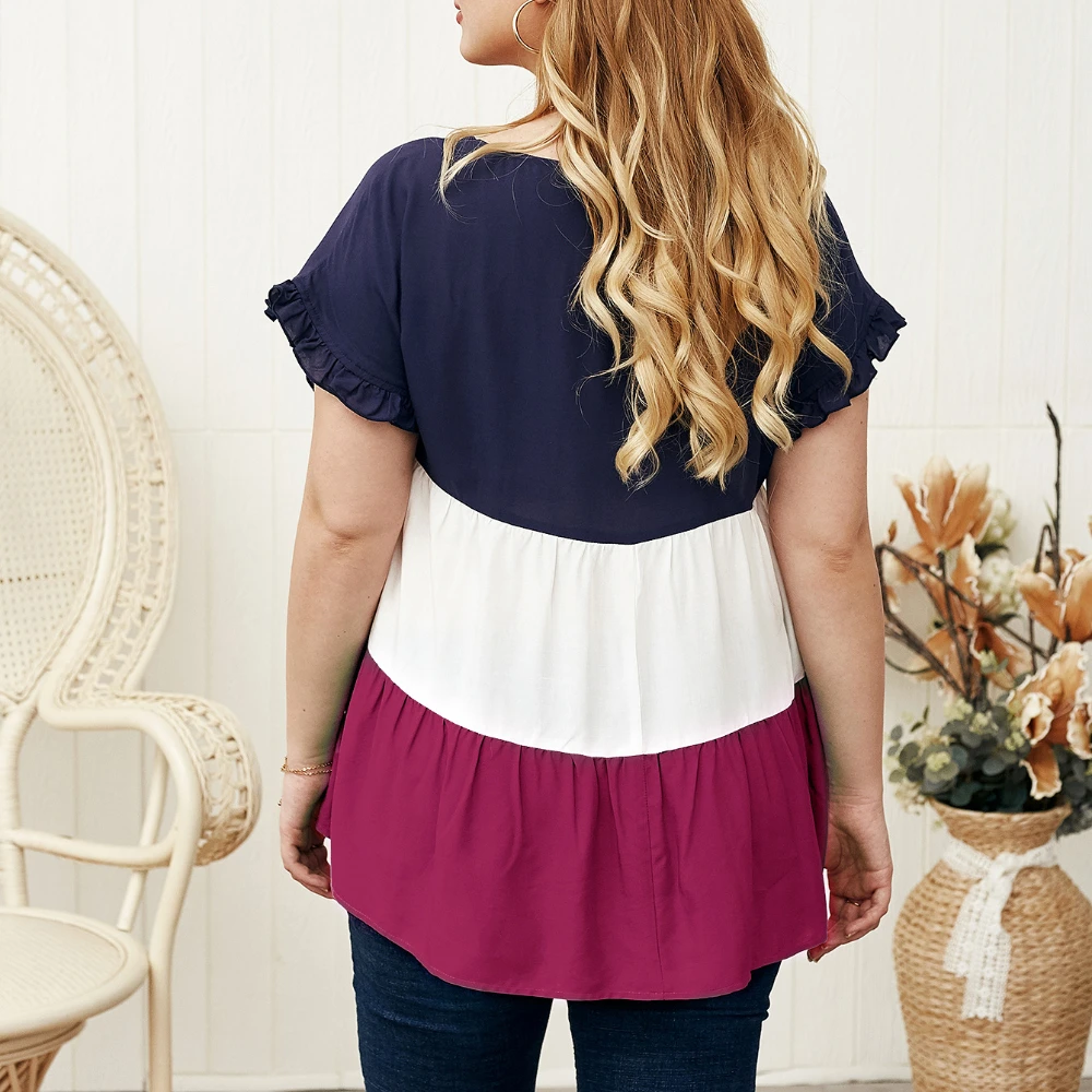 

2021 New Women Fashion Summer Short Sleeve Patchwork Mixed Color O-Neck Casual Loose Top Blouse Lady Plus Size Tops