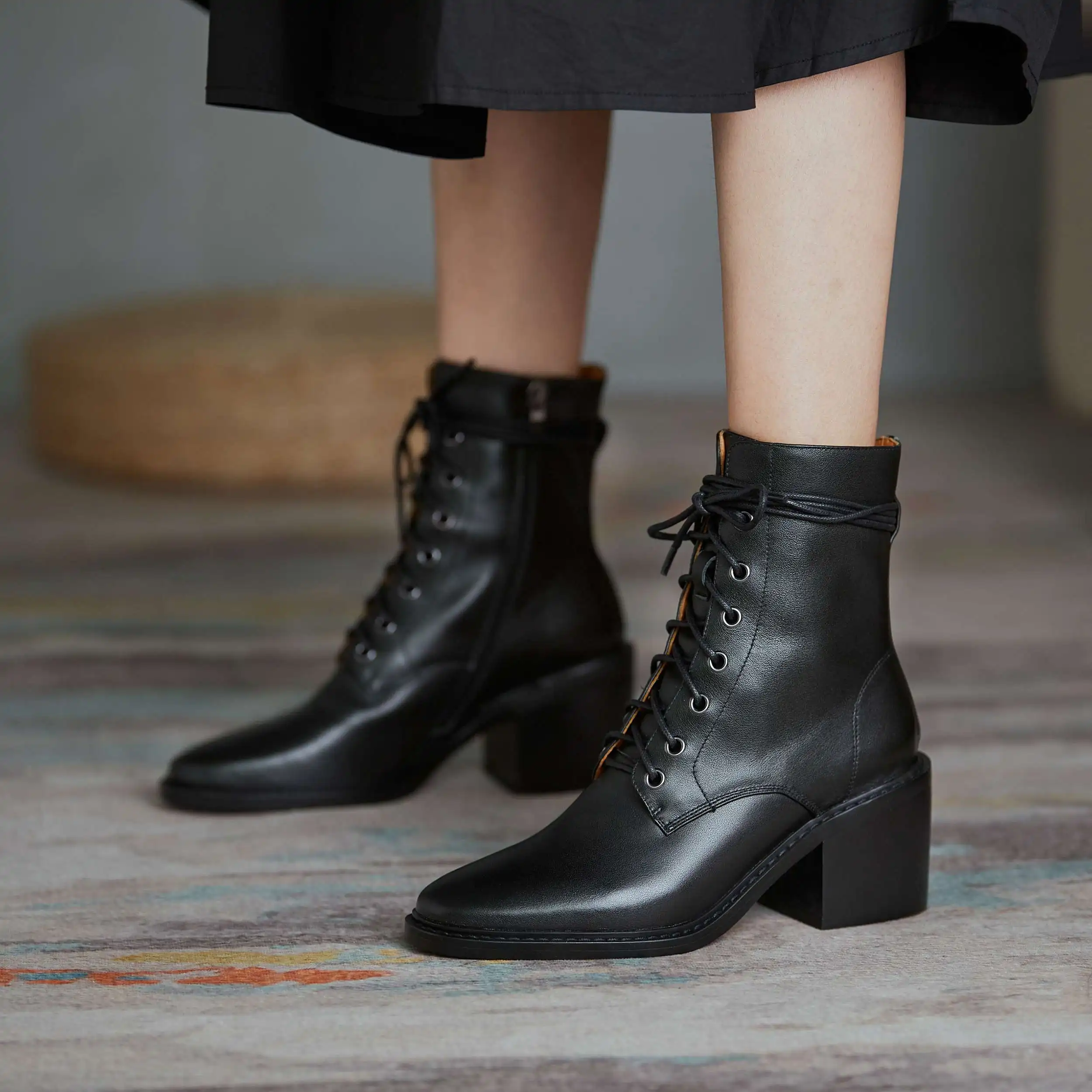 

Vichelo Hot work boots genuine leather cross-tied gorgeous round toe thick high heel zipper office lady fashion ankle boots L83