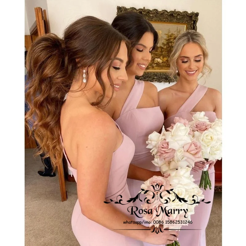 

Pink Cheap Long Mermaid Bridesmaids Dresses One Shoulder Plus Size Soft Satin Wedding Guest Prom Gowns Maid Of Honors Wear