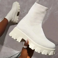 white women boots knitted stretch platform boots ladies shoes sock ankle boots female slip on autumn shoes black plus size 35 43
