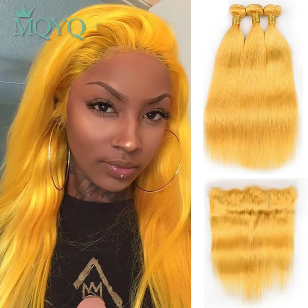 Пряпряди человеческие волосы MQYQ желтого цвета 3 пряди фронтальной застежкой на