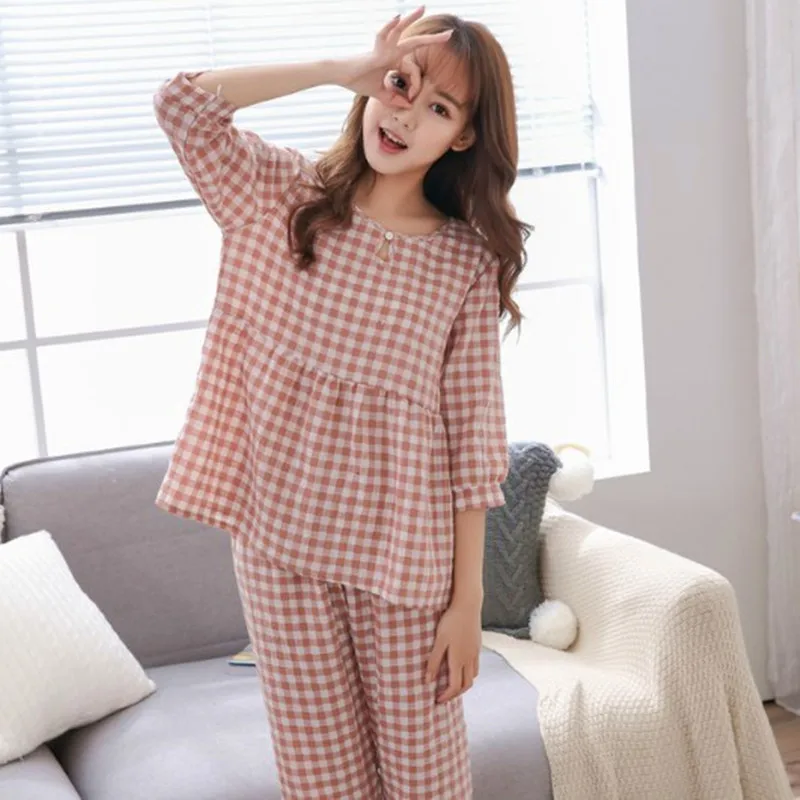 

Fdfklak Pijama feminino 3/4 Sleeve Spring Summer Pyjamas Women Casual Loose Plaid Sleepwear Set Cotton Women's Nightwear Pajamas