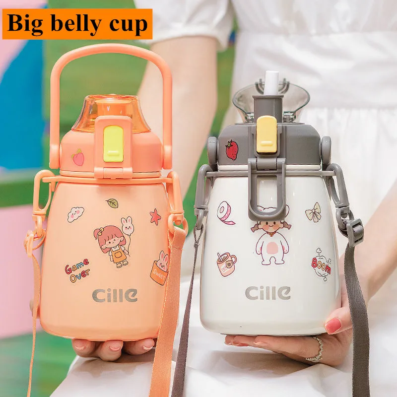 

880ML Big Belly Mug Large Capacity Stainless Steel Water Cup Children Students Kettle Portable Straw Cup Outdoor Travel Cup