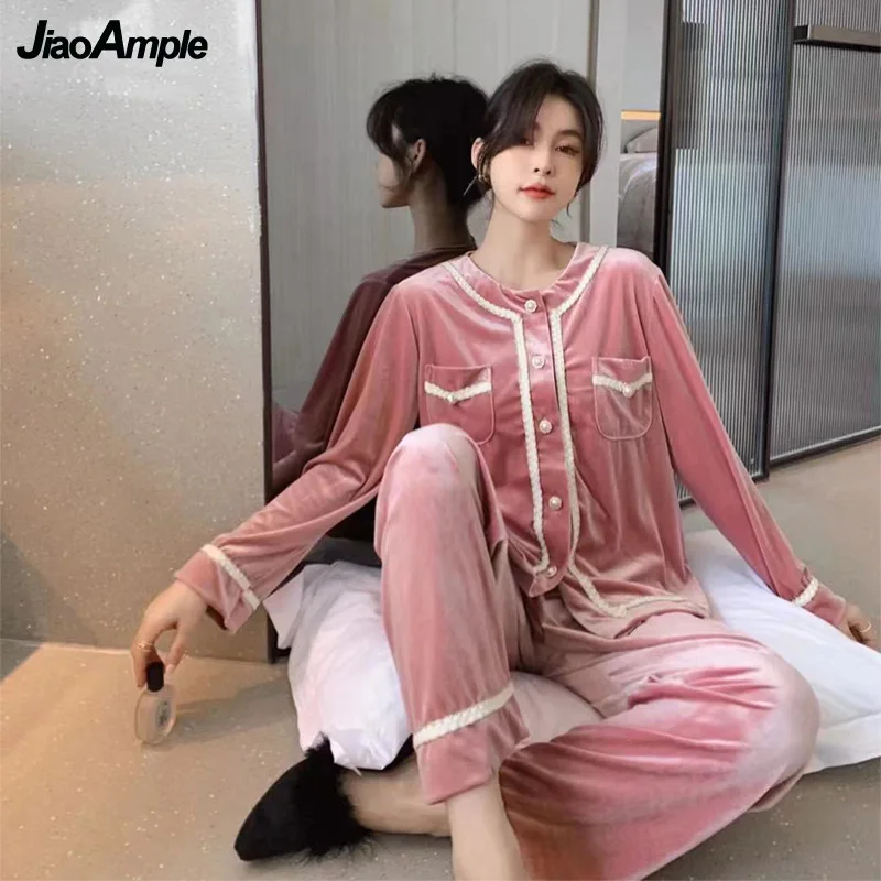 2022 Spring Autumn New Gold Velvet Pajamas Women's Elegant Pearl Button Long-sleeved Trousers Pijamas Suit Female Nightwear Set