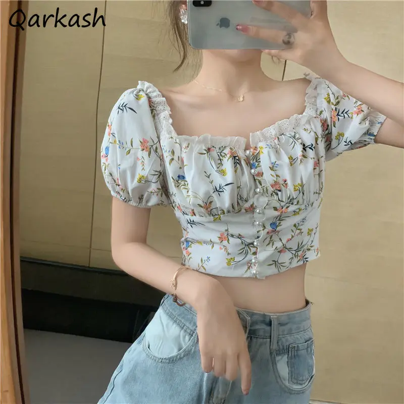 

Cropped Shirts Women Summer Skinny Lace Elegant Floral Retro Romantic French Femme Chic All-match Sexy Beach Leisure Tender Ins