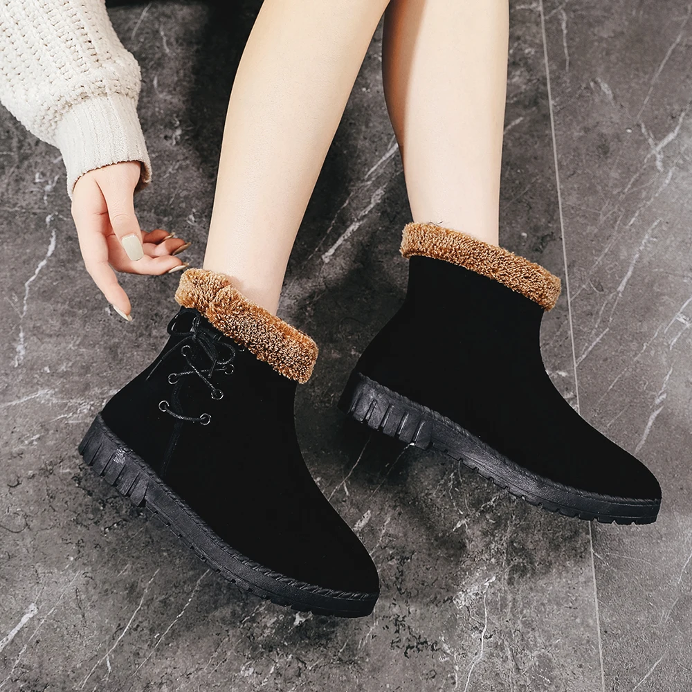 2019 теплые зимние ботинки женские ботильоны из флока на плоской подошве с