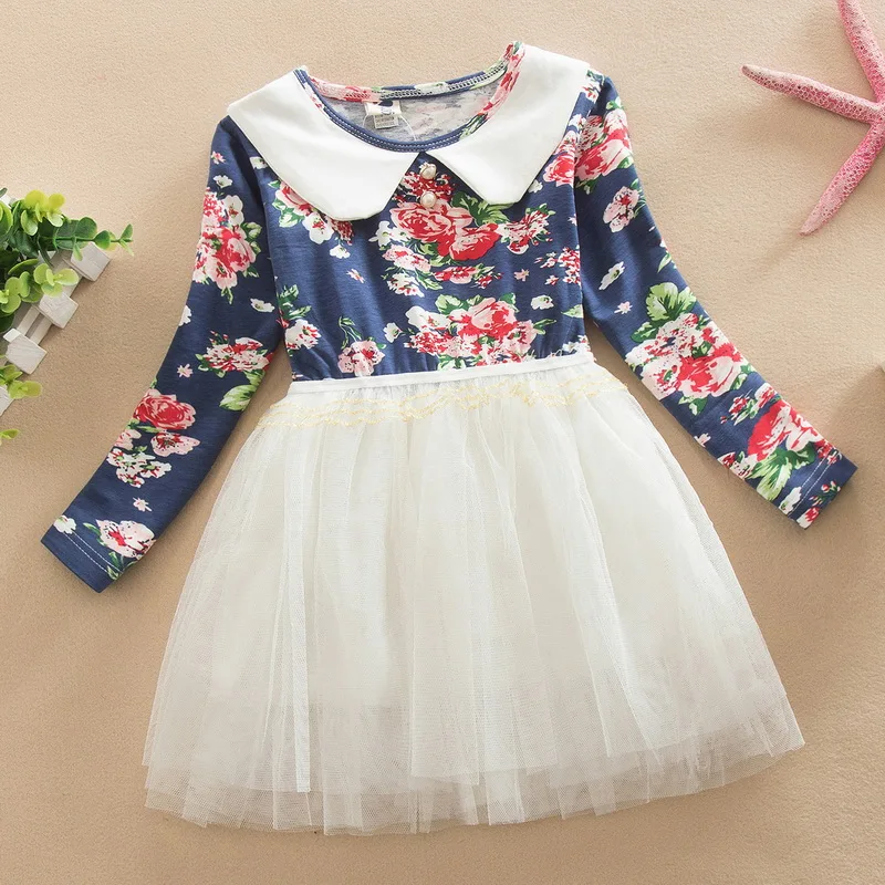 Детское зимнее платье с цветочным рисунком кружевное длинным рукавом для