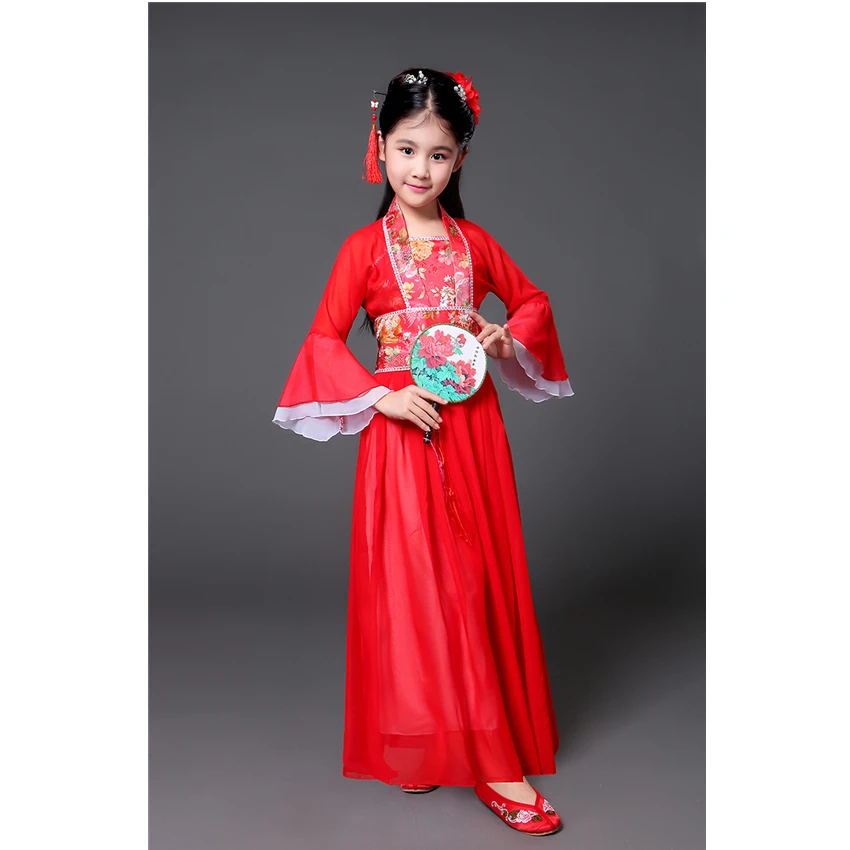 Hanfu древний китайский традиционный костюм для девочек, сценическое платье для танцев, Женский костюм феи в народном стиле, костюм Танга для детей