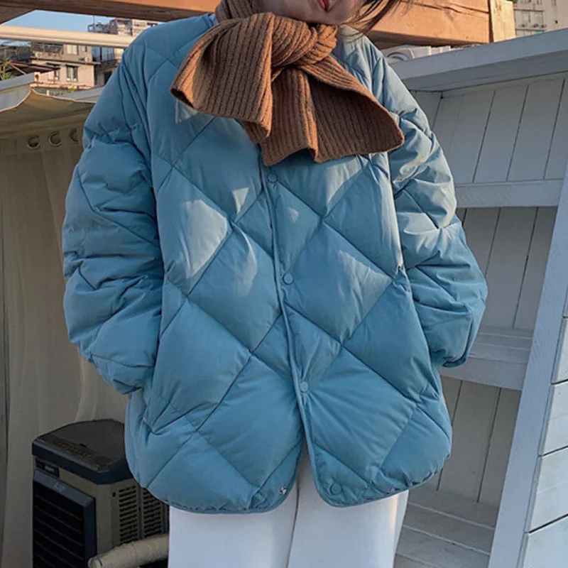 

Korean Fashion O-neck Women Down Jacket Casual Winter Women Argyle Cotton Padded Coat Warm Outerwear Chic Tops Loose Parkas 2022