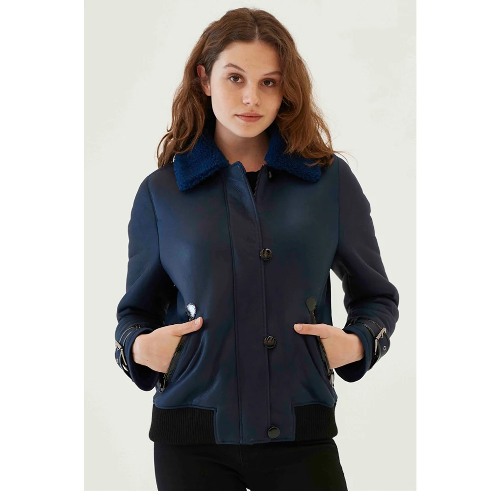 New Womens Admiral Shearling Jacket Turkey Wool Coat College Outwear Short Fur Coat Blue Leather Jacket
