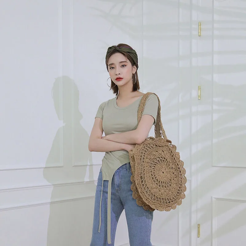 

Summer Rattan Shoulder Bags New Circle Beach Handbags Handmade Knitted Travel Bigg Totes Bags Bohemian Straw Bag For Femme