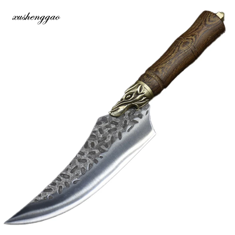 

6 Inch Longquan Knife 7Cr17MoV Steel Kitchen Knife Copper Wolf head Decor Handmade Camping Hunting Barbecue Cleaver Viking Knife
