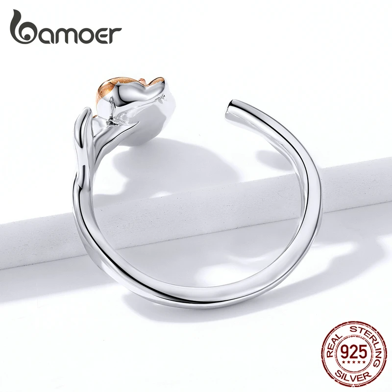 Bamoer, 3D, яркие розы, открытые Регулируемые кольца для женщин, настоящее 925 пробы, серебро, свободный размер, корейское ювелирное изделие, BSR096