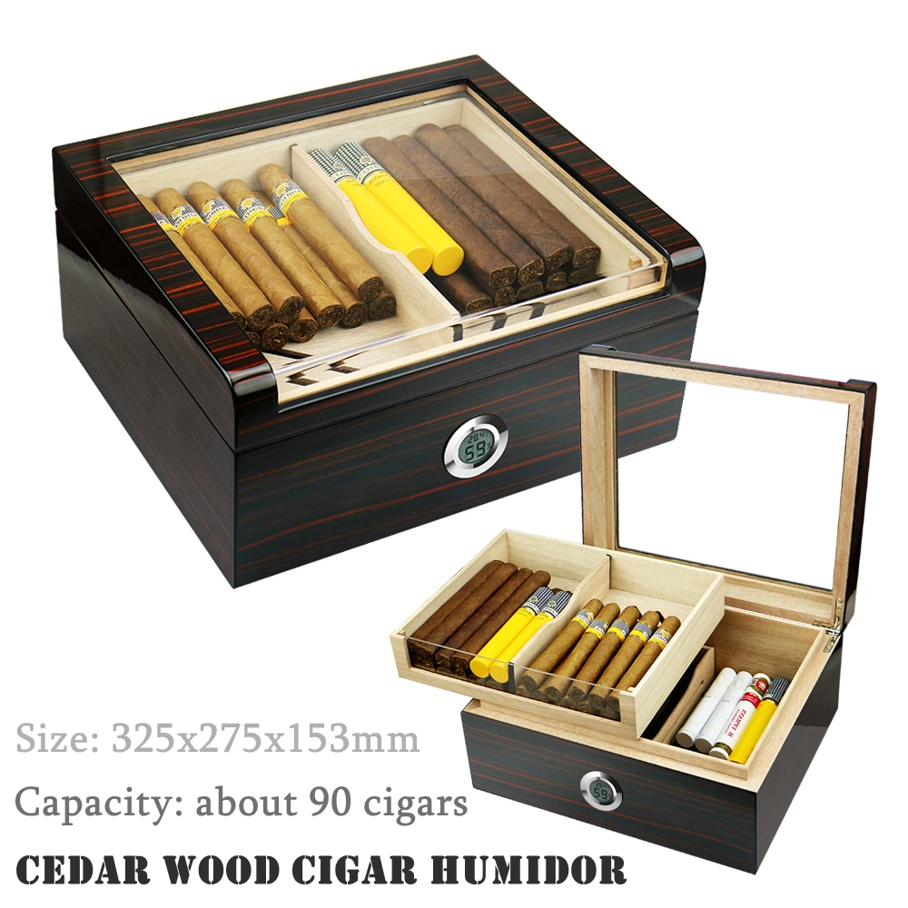 

325x275x153mm Cedar Wood Cigar Humidor Transparent Window Capacity90 Cigars Case Black Sandalwood and Carbon Fiber Cigarette Box