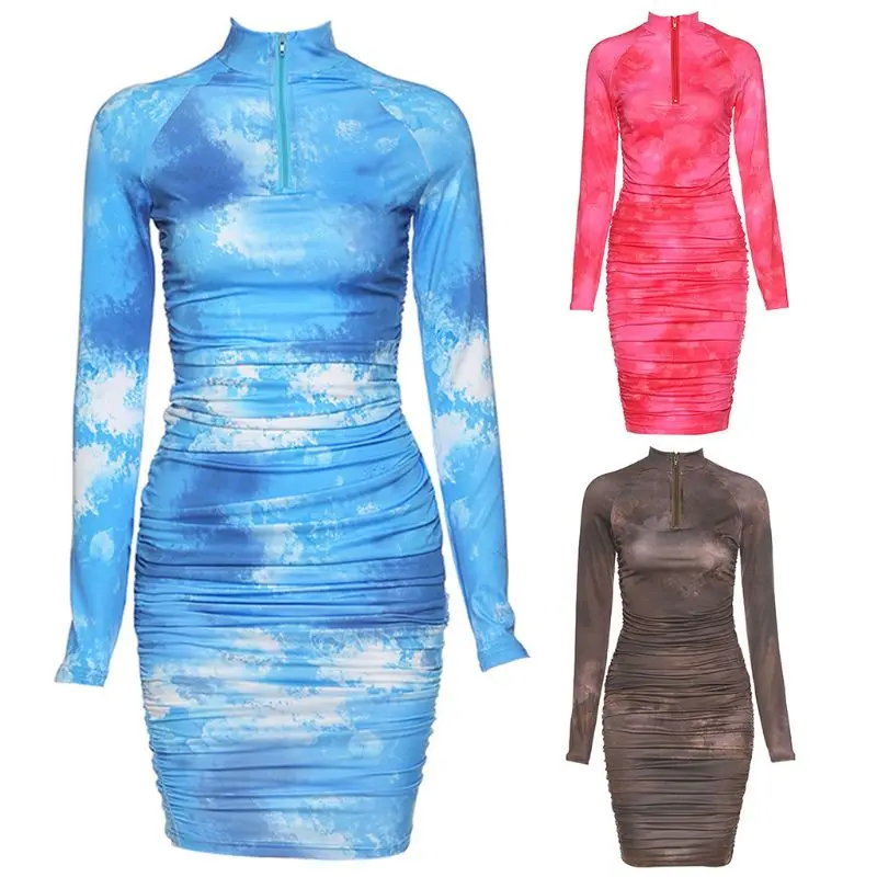

Women Long Sleeve Bodycon Midi Dress Tie-Dye Turtleneck Zip Up Ruched Clubwear