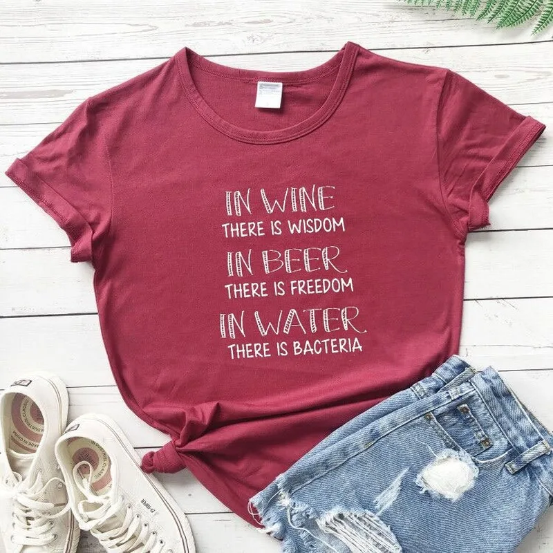 100% Cotton Women T Shirt Wine Wisdom Beer Freedom Print Tshirt Ladies Short Sleeve Tee Shirt Women Female Tops Clothes Mujer