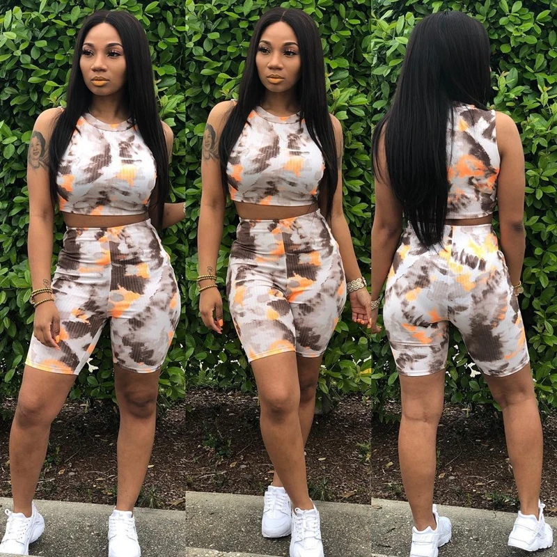 Женский спортивный костюм из 2 предметов повседневный укороченный топ с принтом